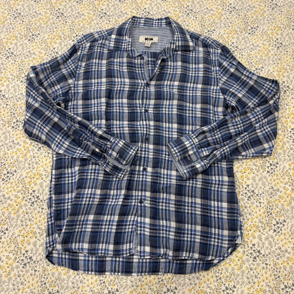 Joseph Abboud Linen Shirt Men's L Blue Plaid Button Up Casual Summer Wear